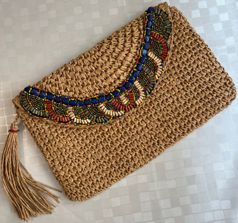 Slamnati clutch sa perlama Mango, novo slika #1