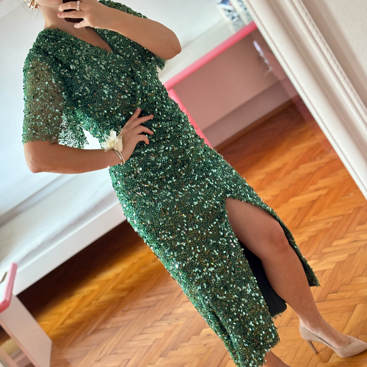 Svecana zelena elegantna haljina sa sljokicama slika #3