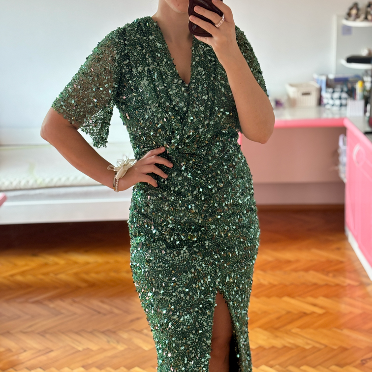 Svecana zelena elegantna haljina sa sljokicama slika #5