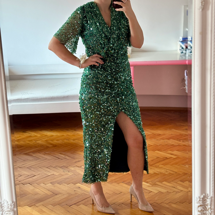Svecana zelena elegantna haljina sa sljokicama slika #1