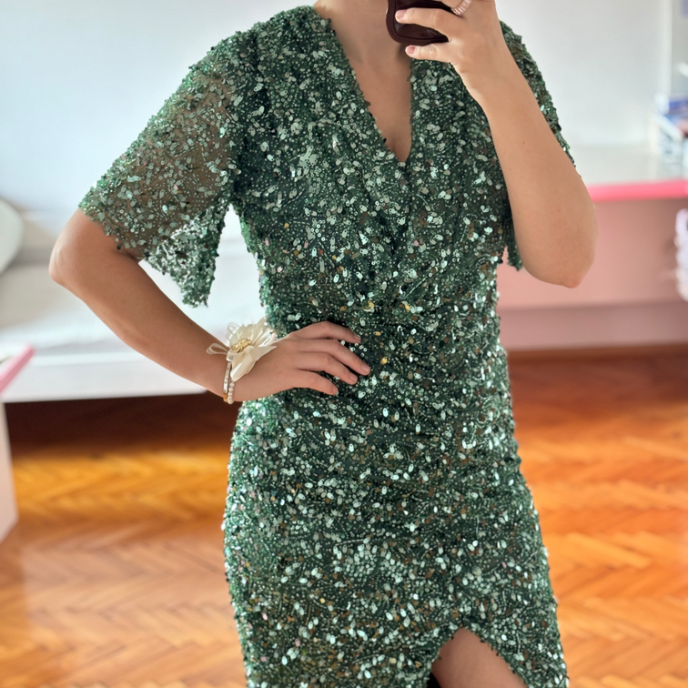 Svecana zelena elegantna haljina sa sljokicama slika #2